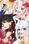  3girls absurdres ahoge animal_ear_fluff animal_ears black_hair braid commentary_request earrings fox_ears fox_girl green_eyes hair_between_eyes highres hololive japanese_clothes jewelry kimono long_hair looking_at_viewer multicolored_hair multiple_girls nakiri_ayame nakiri_ayame_(new_year) official_alternate_costume one_eye_closed oni ookami_mio ookami_mio_(new_year) red_eyes red_hair red_kimono satou_kazunori shirakami_fubuki shirakami_fubuki_(new_year) sidelocks single_braid streaked_hair virtual_youtuber white_hair white_kimono wolf_ears wolf_girl yellow_eyes 