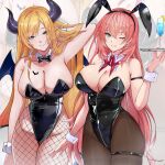  2girls absurdres animal_ears arm_at_side arm_behind_back arm_strap armpits black_bow black_bowtie black_horns black_leotard black_panties black_wings blonde_hair blue_eyes bow bowtie breast_tattoo breasts closed_mouth cup demon_horns demon_wings detached_collar drinking_glass fake_animal_ears fishnet_pantyhose fishnets hair_between_eyes hand_in_own_hair highleg highleg_leotard highres holding_trail hololive horns large_breasts leotard long_hair multiple_girls one_eye_closed panties pantyhose parted_lips pink_hair playboy_bunny rabbit_ears smile strapless strapless_leotard takane_lui tattoo teeth thigh_strap tomo0843 underwear very_long_hair virtual_youtuber white_wrist_cuffs winged_heart wings wrist_cuffs yuzuki_choco 