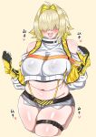  1girl absurdres ahoge bare_shoulders blonde_hair blush breasts clenched_hands commentary_request cropped_legs elegg_(nikke) exposed_pocket eyes_visible_through_hair gloves hair_intakes hair_over_eyes highres large_breasts long_bangs long_sleeves looking_at_viewer multicolored_hair navel open_mouth pipienpippi plump purple_eyes shorts simple_background solo suspender_shorts suspenders thick_thighs thigh_strap thighs translation_request tsurime two-tone_hair yellow_background 
