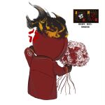  1other black_gloves blood_on_flower coat dante_(limbus_company) facing_away flower gloves gossypium_flower highres holding holding_flower ivy_(675671) limbus_company long_sleeves object_head project_moon punching red_coat upper_body white_flower 