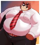 12beat13 2024 absurd_res anthro bear belly big_belly bottomwear brown_body brown_fur clothing eyewear fur glasses hi_res kemono male mammal mature_male necktie one_eye_closed overweight overweight_male pants shirt simple_background solo topwear