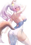  1girl animal_ears ass back backless_dress backless_outfit bare_shoulders blush breasts closed_mouth commentary_request dress elbow_gloves fingerless_gloves from_behind gloves hair_ornament hand_up highres indie_virtual_youtuber large_breasts long_hair looking_at_viewer looking_back panties ponytail purple_eyes purple_hair side-tie_panties sidelocks simple_background smile solo star_(symbol) star_hair_ornament studiopokotan thighs underwear virtual_youtuber white_background white_dress white_gloves white_panties 