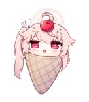 1girl absurdres blue_archive blush cherry food food_on_head fruit fruit_on_head halo highres ice_cream_cone long_hair looking_at_viewer mang natsu_(blue_archive) object_on_head open_mouth pink_hair pink_halo red_eyes side_ponytail simple_background solo white_background 