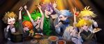  1girl 6+boys :d absurdres arm_up black_shirt blue_eyes blue_hair blue_shirt bow bowtie breasts brown_hair chopsticks cleavage dual_persona eating family food fork frill_inferno green_eyes green_hair grey_hair hair_between_eyes headphones highres holding holding_chopsticks holding_food holding_fork holding_knife holding_stuffed_toy incredibly_absurdres knife long_hair long_sleeves multicolored_hair multiple_boys noodles omelet omurice otogami_don otogami_fanta otogami_gakuon otogami_mimin otogami_reijirou otogami_sorachika pppppp purple_eyes purple_hair ramen red_eyes red_hair shirt shrimp sleeveless sleeveless_shirt smile sonoda_lucky streaked_hair stuffed_toy suit suspenders symbol-shaped_pupils tank_top tiramisu traditional_bowtie white_shirt yellow_eyes 