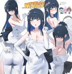  ... 4girls ass bare_shoulders black_hair blue_archive blue_halo blunt_bangs blush breasts character_request cleavage closed_mouth collarbone covered_navel dress earrings elbow_gloves gloves green_hair hair_ornament halo hand_on_own_hip hand_up highres hood_(james_x) jewelry large_breasts long_hair multiple_girls official_alternate_costume open_mouth parted_lips pink_hair ponytail red_halo saori_(blue_archive) saori_(dress)_(blue_archive) sidelocks teeth tying_hair upper_teeth_only white_background white_dress white_gloves 