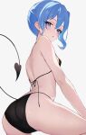  1girl ass bare_arms bare_shoulders bikini black_bikini blue_eyes blue_hair blush demon_tail fawny from_behind from_below highres hololive hoshimachi_suisei looking_at_viewer open_mouth side_ponytail simple_background solo swimsuit tail virtual_youtuber white_background 