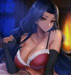  1girl black_gloves black_hair bra breasts brown_eyes cleavage closed_mouth collarbone dark-skinned_female dark_skin elbow_gloves fingerless_gloves fur-trimmed_bra fur_trim gloves large_breasts mole mole_on_breast mole_under_eye nijisanji nijisanji_en red_bra santa_bra scarle_yonaguni solo tommy_(kingdukeee) underwear upper_body virtual_youtuber 