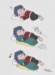  1boy blue_hair blush closed_eyes cuddling ethan_(pokemon) full_body holding jacket konpei_(konpeito_210) lying male_focus on_side open_mouth pants pillow pokemon pokemon_(creature) quilava scratching_chin signature sleeping smile speed_lines translation_request twitter_username 