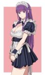  1girl apron blunt_bangs breasts fern_(sousou_no_frieren) highres large_breasts looking_at_viewer maid_apron maid_headdress pink_background purple_eyes purple_hair shiren_(ourboy83) sousou_no_frieren standing straight_hair 