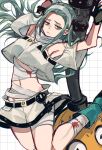  a.b.a bags_under_eyes bandaged_chest bandages blood blood_on_bandages green_eyes green_hair guilty_gear guilty_gear_strive headband highres key key_in_head navel object_through_head paracelsus_(guilty_gear) stitched_mouth stitches yuyuhi_gm 