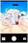  2girls absurdres ahoge all_fours angel_wings arm_support ass azusa_(blue_archive) azusa_(swimsuit)_(blue_archive) bare_legs beach bikini blue_archive blue_one-piece_swimsuit blush closed_mouth crossed_bangs day demon_horns demon_wings feet food-themed_hair_ornament forehead frilled_bikini frills from_behind grey_hair hair_between_eyes hair_ornament hair_ribbon hairclip halo highres hina_(blue_archive) hina_(swimsuit)_(blue_archive) horns innertube legs looking_at_viewer low_wings lying multiple_girls ocean on_side one-piece_swimsuit one_side_up orange_hair_ornament outdoors parted_bangs pink_eyes purple_eyes ribbon ribbonsnek school_swimsuit soles summer sunlight swim_ring swimsuit thighs toes viewfinder wings 