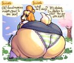 absurd_res animal_crossing anthro big_butt bottomwear breasts butt canid canine canis clothed clothing domestic_dog female female_focus footwear frilly frilly_clothing frilly_panties frilly_underwear fur green_clothing green_panties green_underwear hi_res huge_butt isabelle_(animal_crossing) legwear looking_back mammal nintendo offscreen_character open_mouth outside panties pattern_bottomwear pattern_clothing pattern_panties pattern_underwear presenting presenting_hindquarters shih_tzu shoes simple_background skirt smile solo_focus speech_bubble stockings stretching striped_bottomwear striped_clothing striped_panties striped_underwear stripes tail text thefluffyrey69 topwear toy_dog underwear wardrobe_malfunction yellow_body yellow_fur