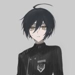  1boy absurdres ahoge black_hair black_jacket brown_eyes danganronpa_(series) danganronpa_v3:_killing_harmony fu_ga_(vivi912912) grey_background hair_between_eyes highres jacket long_sleeves male_focus saihara_shuichi short_hair simple_background solo sweatdrop teeth upper_body 