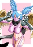  1girl absurdres arm_warmers bikini black_scarf blue_hair boots breasts claw_pose claws commentary_request covered_mouth digimon digimon_(creature) facial_mark feathered_wings garter_straps groin hair_between_eyes hair_wings highres large_breasts long_hair looking_at_viewer mask midriff mouth_mask navel ninja_mask partial_commentary purple_bikini purple_eyes purple_footwear purple_mask sawa_d scarf shoulder_pads shutumon sidelocks solo swimsuit thigh_boots wings 