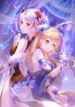  2girls absurdres admiral_hipper_(azur_lane) ahoge alternate_costume armband azur_lane back-to-back backless_dress backless_outfit blonde_hair blush breasts bun_cover butt_crack butterfly_hair_ornament butterfly_ornament china_dress chinese_clothes commentary double_bun dress earrings eyebrows_visible_through_hair fan folding_fan green_eyes hair_ornament headgear highres holding holding_fan irisrey iron_cross jewelry licking_lips looking_at_viewer medium_breasts medium_hair multiple_girls prinz_eugen_(azur_lane) siblings sisters tongue tongue_out two_side_up white_hair yellow_eyes 