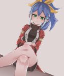  1girl blue_hair bracelet closed_mouth crossed_arms crossed_legs duel_academy_uniform_(yu-gi-oh!_arc-v) fingerless_gloves gloves green_eyes hair_between_eyes hair_ribbon hashimoto_(soukidann2010) jacket jewelry light_blue_hair looking_at_viewer multicolored_hair ponytail purple_hair red_jacket ribbon serena_(yu-gi-oh!) simple_background sitting solo streaked_hair two-tone_hair yellow_ribbon yu-gi-oh! yu-gi-oh!_arc-v 