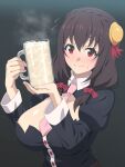  1girl blush bow breasts brown_hair cleavage_cutout clothing_cutout commentary_request cum cum_in_container cum_in_cup cup drinking_glass hair_between_eyes hair_bow hair_ornament highres kono_subarashii_sekai_ni_bakuen_wo! kono_subarashii_sekai_ni_shukufuku_wo! large_breasts long_hair long_sleeves looking_at_viewer necktie red_eyes ribbon solo tedain yunyun_(konosuba) 