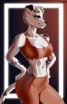 absurd_res anthro belly bra breasts canid canine canis clothing dalmatian domestic_dog female hi_res mammal muscular piercing simple_background smile solo sports_bra strong_female underwear zhadart