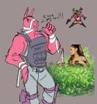 animate_inanimate anthro ariana_grande bandage bandaged_arm bandaged_neck bottomwear brown_body brown_fur bulletproof_vest camelid clothing deer dialogue dolph_(fortnite) dolphxpolar epic_games eye_patch eyewear female fortnite fur group gun holding_gun holding_object holding_ranged_weapon holding_weapon horn human humor legband living_pinata llama lt._john_llama male mammal pants pinata pink_body pink_fur ranged_weapon tactical_gear talking_to_viewer text trio tufted_fur weapon