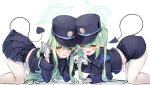  2girls all_fours arched_back armband belt black_hat black_shorts black_skirt blue_archive blue_armband demon_tail dot_nose fang feet_out_of_frame gloves green_hair green_halo hair_between_eyes halo hat highlander_sidelocks_conductor_(blue_archive) highlander_twintails_conductor_(blue_archive) highres long_hair long_sleeves looking_at_viewer mayusaki_yuu miniskirt multiple_girls open_mouth pantyhose parted_lips peaked_cap pleated_skirt pointy_ears revision shadow shorts skin_fang skirt smile tail twintails white_background white_gloves white_pantyhose yellow_eyes 