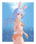  1girl :d absurdres animal_ear_fluff animal_ears ass bare_arms bikini blue_background blue_hair blush border cowboy_shot floating_hair hair_between_eyes halterneck head_tilt highres holding hololive looking_at_viewer looking_back maccaron61 open_mouth orange_bikini orange_eyes orange_ribbon pokemon_card rabbit_ears rabbit_tail ribbon short_hair shoulder_blades side-tie_bikini_bottom smile solo straight_hair swimsuit tail usada_pekora virtual_youtuber white_border 