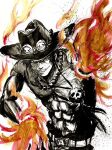  1boy abs belt brushbox2022 commentary_request cowboy_hat cowboy_shot fire freckles grin hat highres jewelry looking_at_viewer male_focus necklace one_piece pearl_necklace portgas_d._ace short_hair smile solo sumi-e topless_male upper_body 