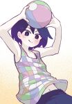  1boy arms_up ball bare_arms beachball blush checkered_clothes checkered_shirt child closed_mouth collarbone doroidsan gradient_background hair_between_eyes highres holding holding_ball kel_(headspace)_(omori) kel_(omori) navel omori orange_background pale_skin purple_eyes purple_hair purple_shorts shirt short_hair shorts sleeveless smile solo tank_top tongue tongue_out v-shaped_eyebrows white_background 