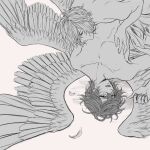  2boys ahoge arm_up blush breast_sucking closed_eyes completely_nude english_commentary falling_feathers feathers grabbing granblue_fantasy greyscale hair_between_eyes highres hihazuki lucifer_(shingeki_no_bahamut) male_focus messy_hair moaning monochrome multiple_boys multiple_wings nipples nude parted_lips pectoral_grab pectorals sandalphon_(granblue_fantasy) simple_background sketch unfinished upside-down white_background wings yaoi 