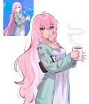  1girl ahoge blue_eyes blue_robe book breasts closed_mouth coffee cup derivative_work dress english_commentary hair_between_eyes hair_ornament hairpin holding holding_cup lips long_hair long_sleeves looking_at_viewer medium_breasts megurine_luka miffuloid open_clothes open_robe pink_hair pocket project_sekai puffy_long_sleeves puffy_sleeves robe screencap_redraw simple_background smile solo standing steam vocaloid white_background white_dress 