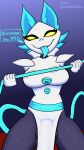 anthro black_legs blue_ears breasts bulge clothing dialogue genitals glowing glowing_eyes goated hi_res imminent_pegging imminent_sex intersex machine penis robot solo speech_bubble tagme whip white_clothing yellow_eyes