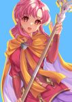  1girl :d blue_background cape edamameoka ethlyn_(fire_emblem) fire_emblem fire_emblem:_genealogy_of_the_holy_war highres holding holding_staff jacket long_hair long_sleeves open_mouth orange_cape pink_hair pink_jacket purple_skirt red_eyes skirt smile solo staff underbust 