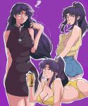  1girl absurdres ass beer_can bikini black_dress can cigarette cross cross_necklace denim denim_shorts dentedhood dress drink_can greek_cross hairband highres jewelry katsuragi_misato medium_hair necklace neon_genesis_evangelion ponytail purple_background purple_eyes purple_hair shorts simple_background solo swimsuit tongue tongue_out yellow_bikini 