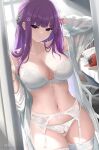  1boy 1girl anger_vein bare_shoulders bra breasts commentary_request cowboy_shot cyicheng fern_(sousou_no_frieren) garter_belt head_tilt indoors large_breasts long_hair navel off_shoulder open_clothes open_shirt panties purple_eyes purple_hair red_hair shirt sousou_no_frieren standing stark_(sousou_no_frieren) stomach underwear very_long_hair white_bra white_panties white_shirt 