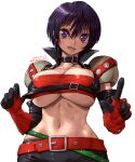  1girl amania_orz belt black_choker black_hair breasts choker cleavage dated gloves highres huge_breasts looking_at_viewer midriff navel parted_lips purple_eyes rutee_katrea shiny_skin short_hair simple_background smile solo strap_pull tales_of_(series) tales_of_destiny teeth twitter_username underboob white_background 