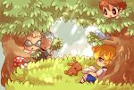  4boys bird black_shirt blonde_hair blue_bird branch brown_hair brown_rabbit domon_asuka grass grey_hair holding holding_branch ichinose_kazuya in_tree inazuma_eleven_(series) kidou_yuuto kotorai male_focus minaho_kazuto multiple_boys mushroom open_mouth outdoors rabbit reading shirt short_hair short_sleeves socks sunglasses sunlight tree under_tree white_shirt white_socks 