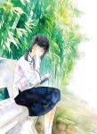  1girl bamboo bench black_hair black_skirt blue_skirt book chinese_commentary closed_eyes commentary_request day holding holding_book leaf long_hair moekon on_bench open_book original outdoors painting_(medium) plant ponytail profile reading shirt shoes sitting skirt socks solo traditional_media watercolor_(medium) white_shirt white_socks 