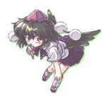  1girl aokukou black_hair black_ribbon black_skirt black_wings commentary_request hat holding holding_pencil lowres medium_hair neck_ribbon pencil pleated_skirt pom_pom_(clothes) red_hat ribbon shameimaru_aya shirt simple_background skirt socks solo tokin_hat touhou white_background white_shirt white_socks wings yellow_eyes 