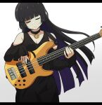  1girl absurdres bass_guitar black_choker black_dress black_hair bocchi_the_rock! breasts chin_piercing choker cleavage colored_inner_hair commentary dress fender_precision_bass goumonsha highres hime_cut instrument letterboxed long_sleeves multicolored_hair music pa-san playing_instrument purple_hair solo symbol-only_commentary two-tone_hair white_background 