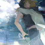  2boys a-shacho ame_wo_tsureyuku_(vocaloid) bare_shoulders black_hoodie black_pants blonde_hair bracelet chinese_commentary cloud cloudy_sky commentary_request cowboy_shot day dual_persona dutch_angle grey_scarf hair_ribbon highres hood hood_up hoodie hug jewelry kagamine_len light_rays long_sleeves looking_ahead male_focus midriff_peek multiple_boys open_mouth outdoors pants ponytail power_lines rain ribbon scarf shirt sky sleeveless surprised transparent transparent_umbrella umbrella utility_pole vocaloid wet white_pants white_shirt 