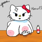 1:1 angry animal_humanoid areola big_areola big_breasts bodily_fluids bottle bow_ribbon bow_tie breast_milking breasts cat_ears_(disambiguation) container domestic_cat felid felid_humanoid feline feline_ears feline_humanoid felis female hand_on_breast hello_kitty_(character) hello_kitty_(series) huge_breasts human humanoid lactating lactation_without_expressing lactation_without_stimulation mammal mammal_humanoid milk milk_bottle nipple_outline nipples red_bow red_ribbon sanrio solo vein whiskers yuccaone