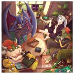 absurd_res anthro barefoot being_watched book bowser breasts brown_body brown_skin claws clothing crossover donkey_kong_(series) dragon enderman featureless_breasts feet food footwear furniture gaming ganondorf gerudo green_body group hi_res horn human kid_icarus king_k._rool koopa kremling light_body light_skin looking_at_another magazine male mammal mario_bros metroid microsoft minecraft mojang mythological_creature mythological_scalie mythology nintendo one_piece open_mouth palutena pizza plant playing_videogame pokemon pokemon_card purple_body ridley sandals scalie sephiroth shirt sitting sofa super_smash_bros. table the_legend_of_zelda toes tongue tongue_out topwear truejekart window wings xbox_game_studios yellow_body