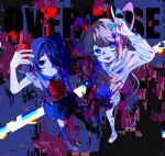  2girls ame-chan_(needy_girl_overdose) arm_up black_hair black_ribbon blonde_hair blue_bow blue_eyes blue_hair blue_serafuku blue_shirt blue_skirt bow chouzetsusaikawa_tenshi-chan collared_shirt dual_persona from_above full_body glitch hair_bow hair_ornament hair_over_one_eye hand_up heart heart_hair_ornament highres holding holding_phone index_finger_raised legs_apart long_hair long_sleeves looking_at_phone looking_at_viewer multicolored_hair multiple_girls neck_ribbon needy_girl_overdose open_mouth phone pink_bow pink_hair pleated_skirt purple_bow quad_tails red_shirt ribbon school_uniform serafuku shirt skirt smile standing suspender_skirt suspenders taking_picture twintails x_hair_ornament yellow_bow zer0h 
