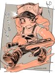  baseball_cap blush boots eromame fang gloves hat ink octoling octoling_girl octoling_player_character open_mouth overalls rubber_boots rubber_gloves salmon_run_(splatoon) shirt splatana_wiper_(splatoon) splatoon_(series) splatoon_3 sweatdrop tentacle_hair 