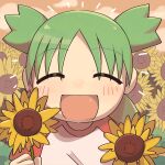  1girl absurdres commentary_request emphasis_lines field flower flower_field green_skirt highres holding holding_flower koiwai_yotsuba mintshiiii open_mouth quad_tails skirt smile solo sunflower sunflower_field upper_body yotsubato! 