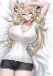  1girl 2024 absurdres arm_behind_head black_shorts blonde_hair breasts cleavage collarbone eien_project glasses grey_eyes head_wings highres kyopink large_breasts long_hair lying on_back parted_lips second-party_source shirt short_shorts shorts signature skye_shinryu solo sweat virtual_youtuber white_shirt wings 