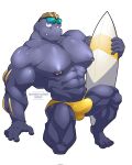 abs biceps eyewear eyewear_on_head fangs generation_1_pokemon hi_res humanoid machoke maldu male muscular muscular_humanoid muscular_male muscular_thighs nintendo nipple_piercing nipples pecs piercing pokemon pokemon_(species) ryuji_kaiyo sunglasses sunglasses_on_head surfboard teeth