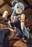  1girl aqua_(konosuba) arm_support bare_shoulders barrel beer_mug blue_eyes blue_hair blue_shirt blue_skirt blue_thighhighs bow bowtie breasts cup detached_sleeves green_bow green_bowtie highres holding holding_cup indoors kono_subarashii_sekai_ni_shukufuku_wo! long_hair looking_at_viewer looking_down medium_breasts mug nasubin_(nasubisamurai15) open_mouth shirt single_hair_ring sitting skirt solo thighhighs wooden_ceiling zettai_ryouiki 