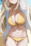  1girl absurdres beach bikini blue_archive blush breasts cleavage facing_viewer front-tie_top head_out_of_frame highres large_breasts light_brown_hair long_hair long_sleeves mikka_(537125) navel nonomi_(blue_archive) nonomi_(swimsuit)_(blue_archive) official_alternate_costume open_clothes open_shirt outdoors see-through see-through_shirt side-tie_bikini_bottom smile solo standing stomach string_bikini swimsuit thigh_gap water yellow_bikini 