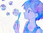  1boy blowing_bubbles bubble_wand colored_skin from_side highres limited_palette omori omori_(omori) parted_lips rakutiito310 solo tank_top upper_body white_skin 