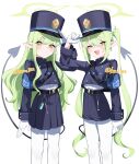  2girls armband beko_(beco_1122) belt black_belt black_hat black_shirt black_skirt blue_archive blue_armband buttons closed_mouth double-breasted fang feet_out_of_frame green_hair hat highlander_sidelocks_conductor_(blue_archive) highlander_twintails_conductor_(blue_archive) highres long_hair long_sleeves looking_at_viewer multiple_girls open_mouth pantyhose peaked_cap pointy_ears shirt simple_background skin_fang skirt smile twintails twitter_username white_background white_pantyhose yellow_eyes 